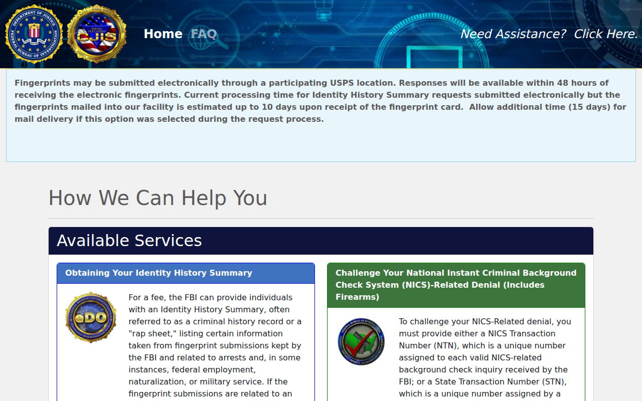 Pulaski County arrest history and FBI identity record ordering portal